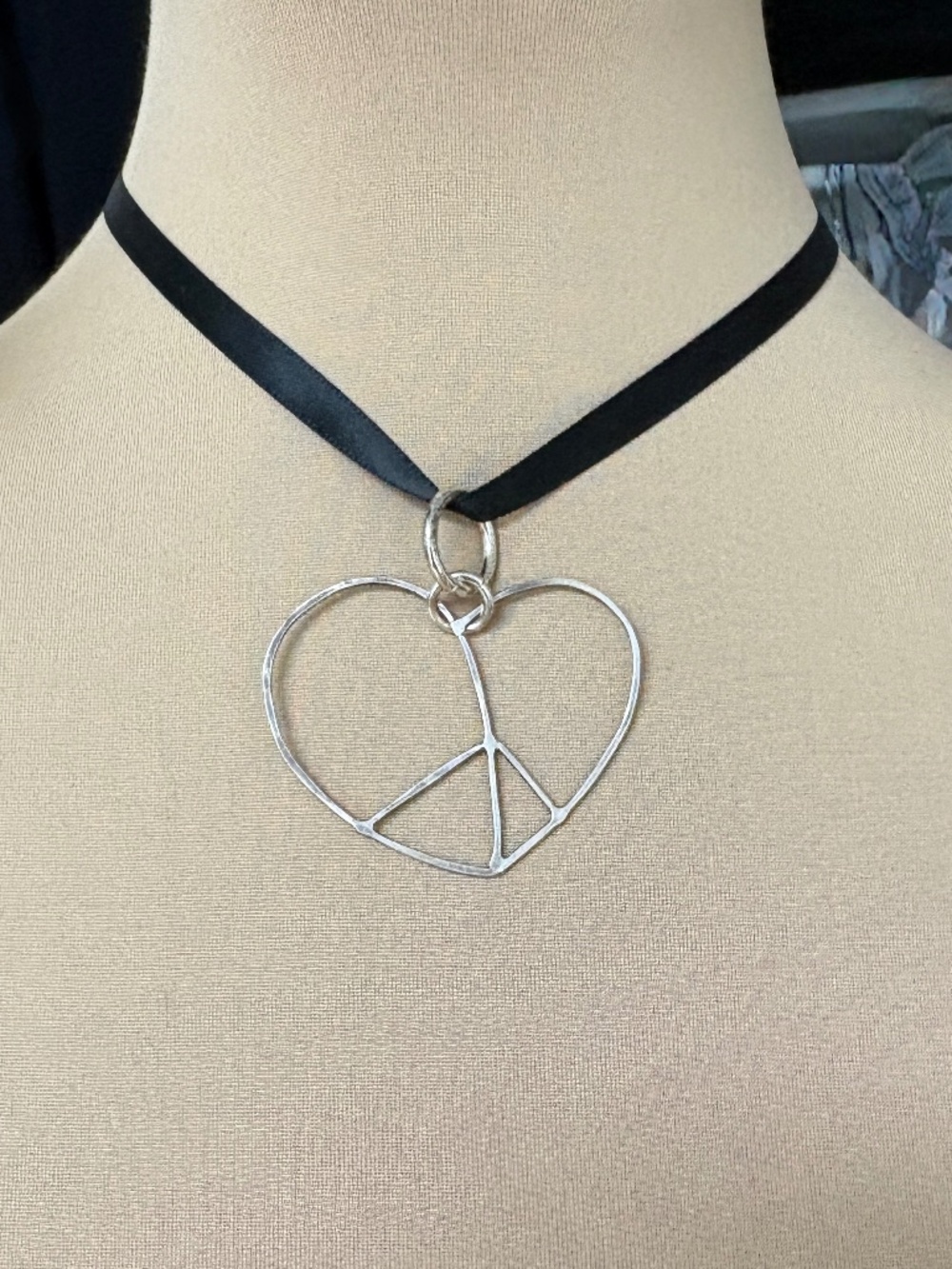 Handmade Peace Sign in a Heart Pendant Necklace Silver Wire Vintage Black Cord